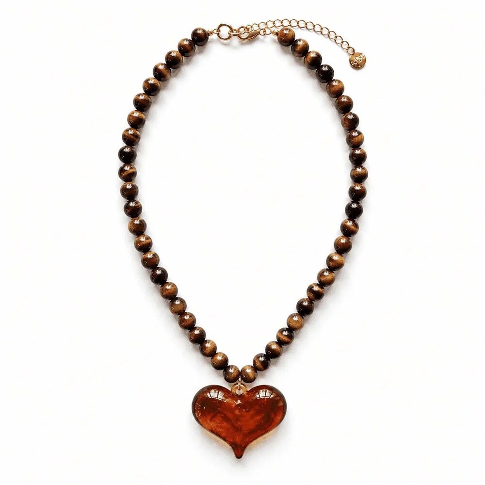 Mayamar Genuine Tiger's Eye & Resin Heart Necklace 18" + 3" Extender NEW